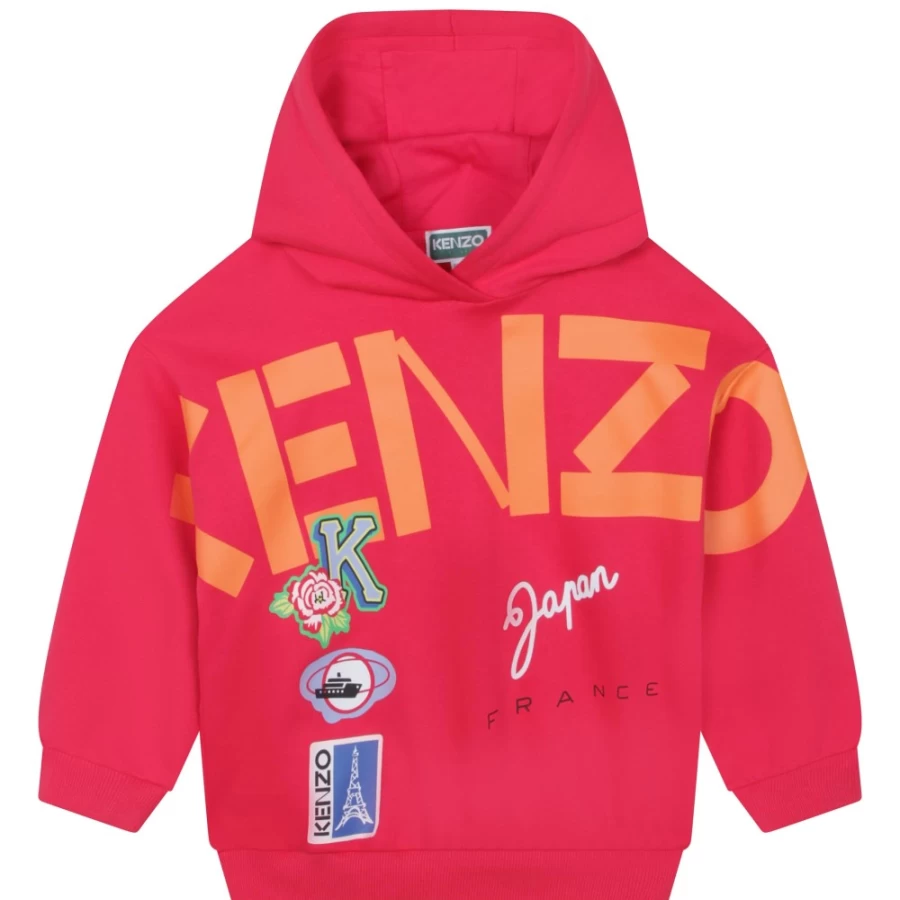 KENZO KIDS Girls Fuschia Hooded Cotton Sweatshirt | Soft Pink Pullover for Kids