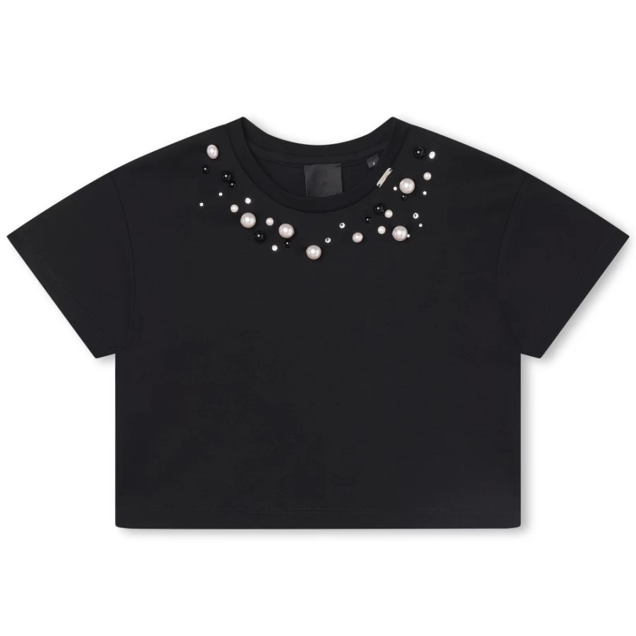 GIVENCHY Black Cotton T-Shirt With Beads for Girls - Elegant Embellished Tee