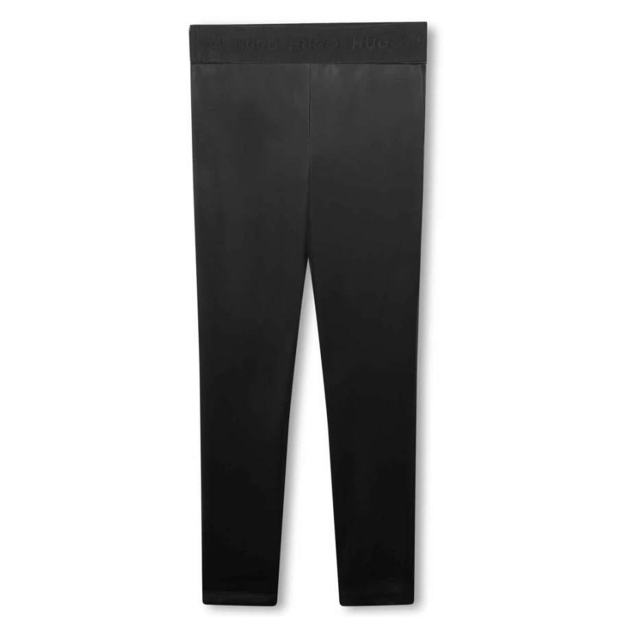 HUGO Black Coated Leggings for Girls - High-Shine Fashion Leggings