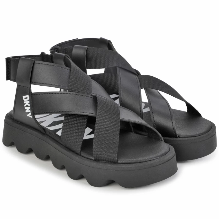 DKNY Girls' Black Hook-And-Loop Fastened Sandals for Comfort and Style