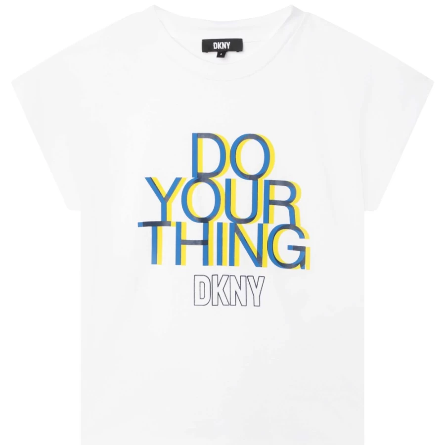 DKNY Girls' White Short-Sleeved Cotton T-Shirt for Casual Wear